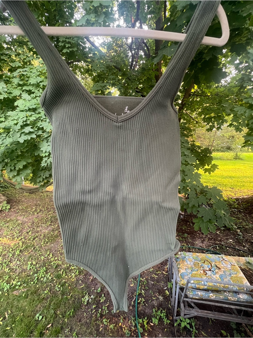 Free People Ribbed V-Neck Olive Green Bodysuit